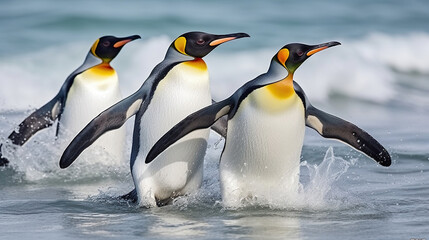 King penguins going from blue water, Atlantic ocean. Generative AI