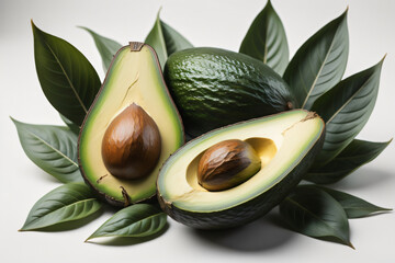 Photo Generative Ai of Avocado and Leaves on White Backgrounf