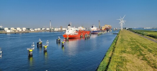 Panoramic picture from port Rotterdam with transport ships