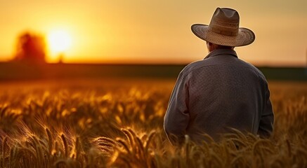 Rear View of a Seasoned Farmer Assessing the Crop in the Evening Light. Generative AI