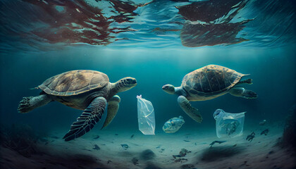 Obraz premium Two turtles and plastic bags underwater, zero waste and World ocean pollution concept, generated by AI
