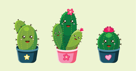 Cute cartoon cactus character in pot