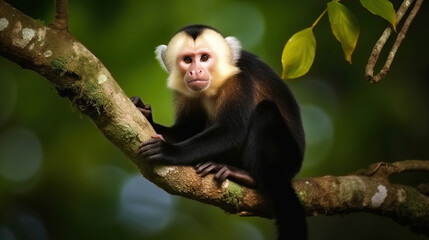 Fototapeta premium White-headed Capuchin, black monkey sitting on tree branch in the dark tropical forest. Generative AI