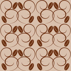 A pattern of  coffee beans on a coffee-colored background