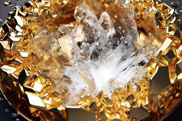 Ultra realistic white diamonds luxurious foil textured flakes in golden flowing liquid. AI Generative