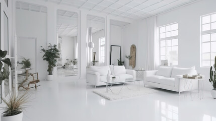 Interior of modern white living room panorama, Bright color. Generative Ai