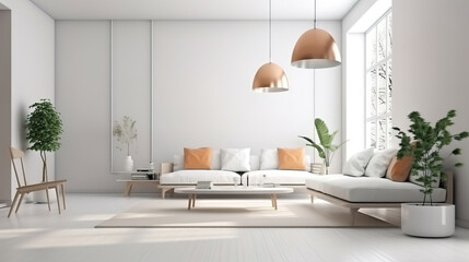 Interior of modern white living room panorama, Bright color. Generative Ai