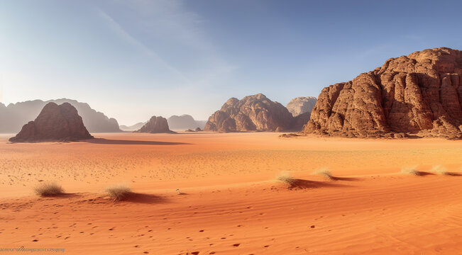Natures Scarlet Tapestry, Mountains and Red Sands Unite in a Picturesque Desert Panorama. Generative AI © Gasspoll