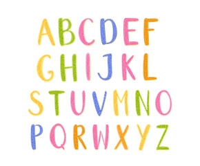 Naklejka premium Kids alphabet, large capital decorated English letters isolated on white background. Nursery poster, educational vector set