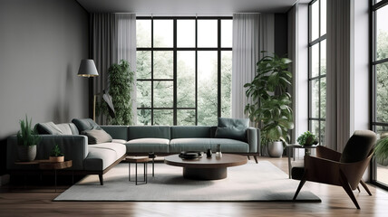 Modern interior of apartment, living room with grey sofa. Generative Ai