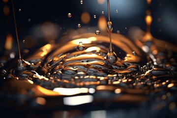 Golden water in dark environment, dim light, sharp focus, shallow dof background Generative AI