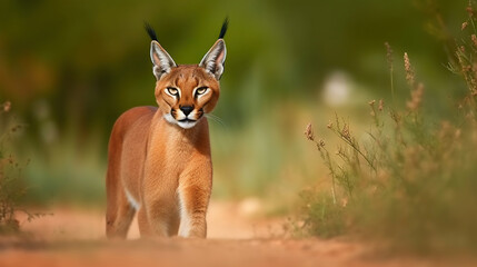 Caracal, African lynx, in green grass vegetation. Beautiful wild cat in nature habitat, Generative AI