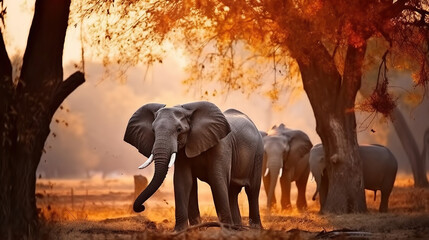 Fototapeta na wymiar Elephant feeding tree branch. Magic wildlife scene in nature on Sunset. Generative AI