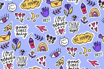 Positive stickers seamless pattern. Good quotes and cute doodle drawings, repeat blue background for cafe wallpaper, prints, creative vector design