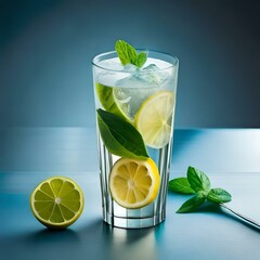 A glass of carbonated water with pieces of lemon and mint created by AI