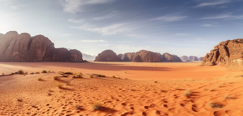 Fototapeta na wymiar Panoramic view to red sand desert with mountains rocks. Generative AI