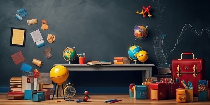 AI Generated. AI Generative. Back to school mockup. Blackboard and learning school tools items equipments supply. Education motivation vibe. Graphic Art