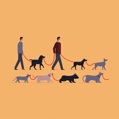 Ilustración de dos hombres paseando perros. - obrazy, fototapety, plakaty