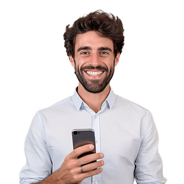 Portrait of a handsome, young brunette man wearing holding a phone. Isolated on transparent background. No background.	
