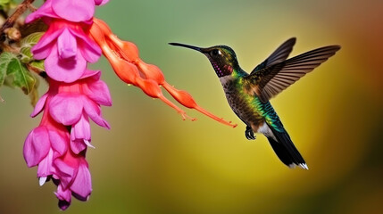 Fototapeta premium Wildlife scene from jungle. Hummingbird with pink bloom in forest habitat. flying in the nature tropical wood habitat, Generative AI