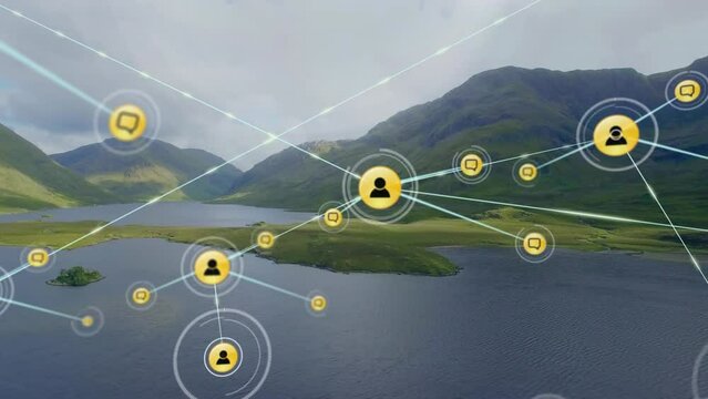 Animation of connected icons over aerial view of lake between mountains against cloudy sky