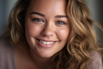 A close up shot of a smiling plus size woman with natural and minimalistic makeup, radiating self acceptance. Generative AI