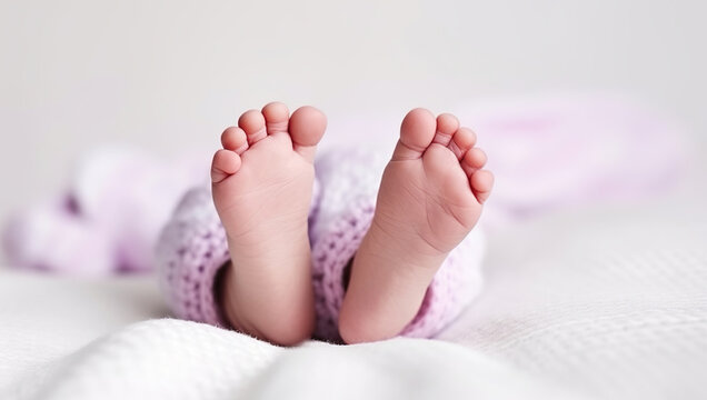 Closeup of newborn baby feet lying on white background, Generative AI