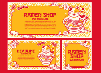 Collection of Cute Cat Eating Ramen Banner Vector Illustration