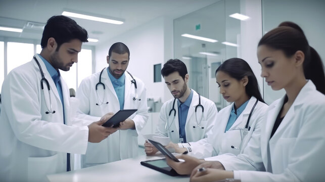 Doctors gather around a digital tablet, sharing information and discussing patient care strategies. Generative AI