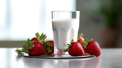 A glass with fresh milk and fresh strawberries. natural products. Generative AI