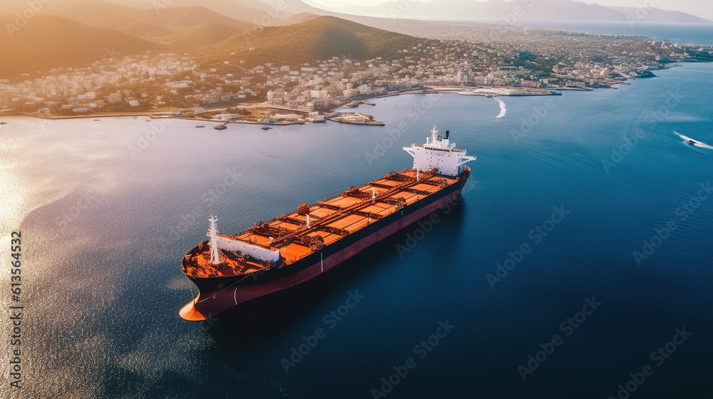 Wall mural panoramic front view of a cargo ship carrying oil, generative ai