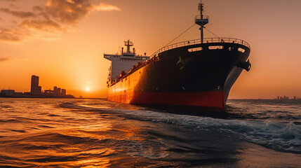 Fototapeta premium Panoramic front view of a cargo ship carrying oil, Generative AI