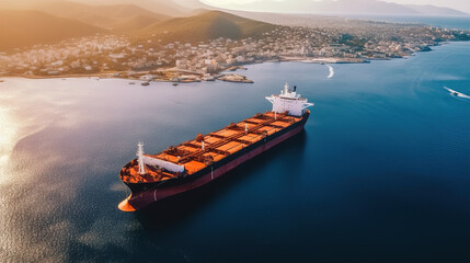 Panoramic front view of a cargo ship carrying oil, Generative AI