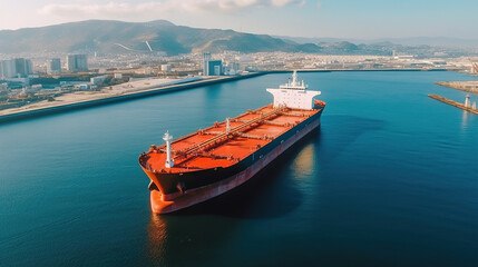 Panoramic front view of a cargo ship carrying oil, Generative AI