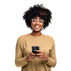 Fototapeta Portrait of a beautiful, young black woman holding a phone. Isolated on transparent background. No background.	
 obraz