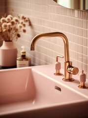 Fototapeta na wymiar Modern interiror of a minimal bathroom. Sink, mirror, towels. Retro pastel pink. Generated AI.