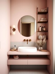 Naklejka na ściany i meble Modern interiror of a minimal bathroom. Sink, mirror, towels. Retro pastel pink. Generated AI.