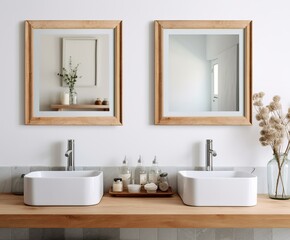 Fototapeta na wymiar Modern interiror of a minimal bathroom. Sink, mirror, towels. White and wood. Generated AI.