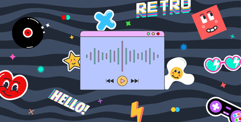 90s retro background with different object. Ui elements, nostalgic game icons and dialog boxes vector set