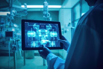 Doctor holding tablet smart hospital in operating room. Generative AI