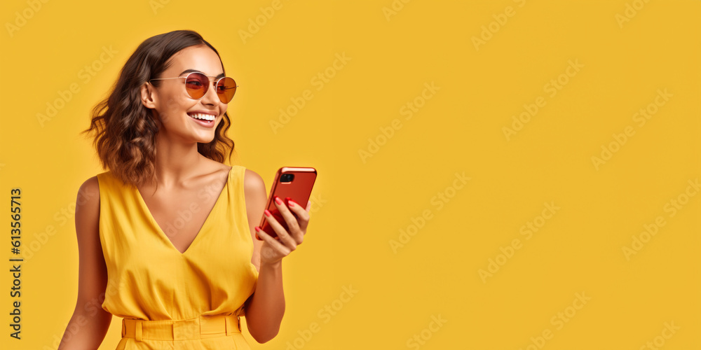 Wall mural Portrait of a beautiful, young brunette woman holding a phone. Isolated on solid yellow background. Banner, copy space.