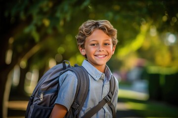 Fototapeta premium Portrait of a caucasian student boy ready for the first day of school wearing a backpack and posing with a big smile. Generative AI