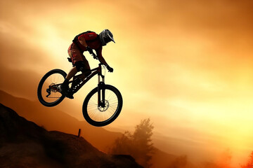 Fototapeta na wymiar Sporty cyclist riding bike on hilly path, stunt sport