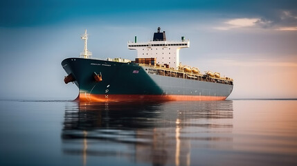 Fototapeta premium Big carrier ship, traveling with speed over calm ocean, Generative AI
