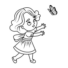 A little girl chasing a butterfly. Funny, fun illustration. Vector. Coloring book for children. Cartoon drawing for web design and print. 