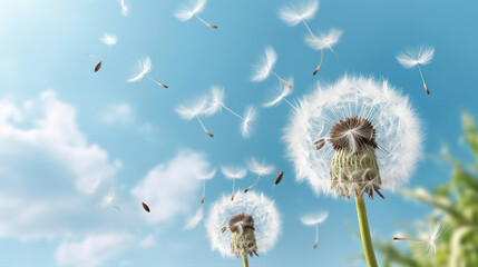 Beautiful puffy dandelions and flying seeds against blue sky on sunny day, Generative AI