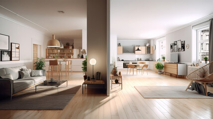 Apartment interior panorama 3d render, Bright color. Generative Ai