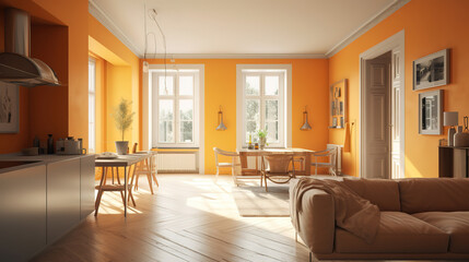 Minimal modern home design with warm furniture colors. Generative Ai