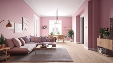 Naklejka na ściany i meble Minimal modern home design with warm furniture colors. Generative Ai