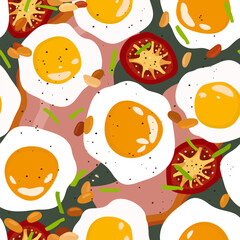 Vector seamless pattern with fried eggs, tomatoes, slices of ham and beans. English breakfast concept.
